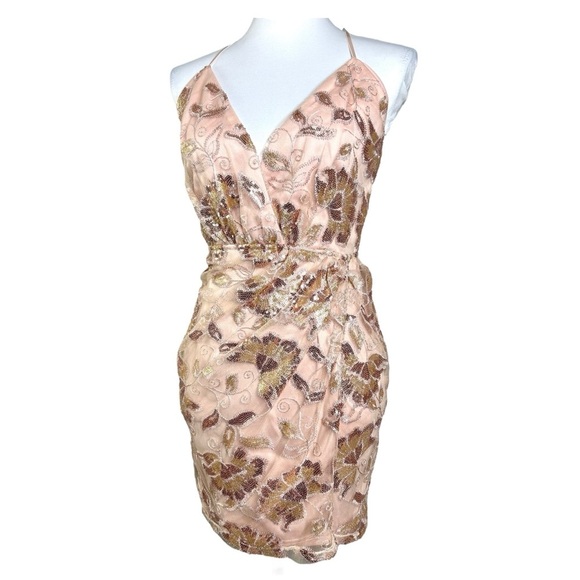 Maniju Dress Blush Embroidered Sequin Faux Wrap Fairycore Mini - Picture 2 of 9